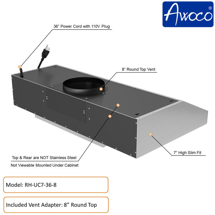 Awoco 36'' Stainless Steel Under Cabinet Range Hood with Remote Control