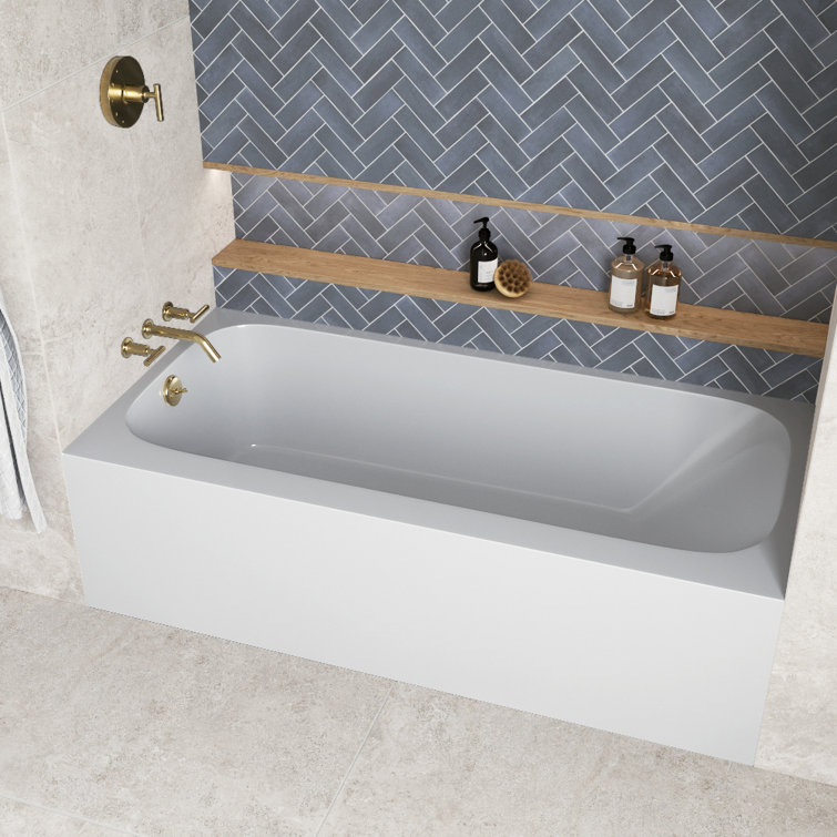 66-Inch Glossy White Acrylic Alcove Bathtub with Polished Brass Drain