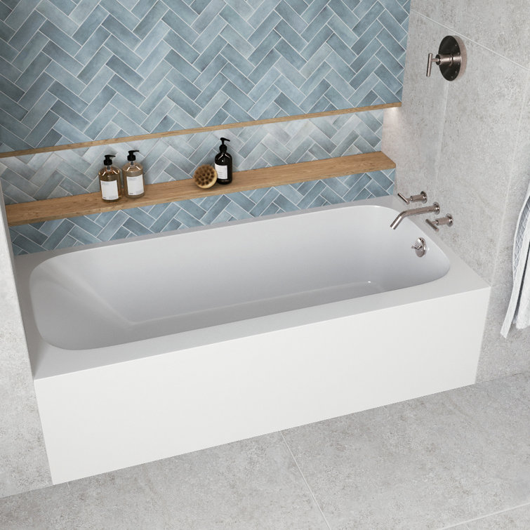 Glossy White Acrylic Rectangular Alcove Bathtub with Brushed Nickel Drain