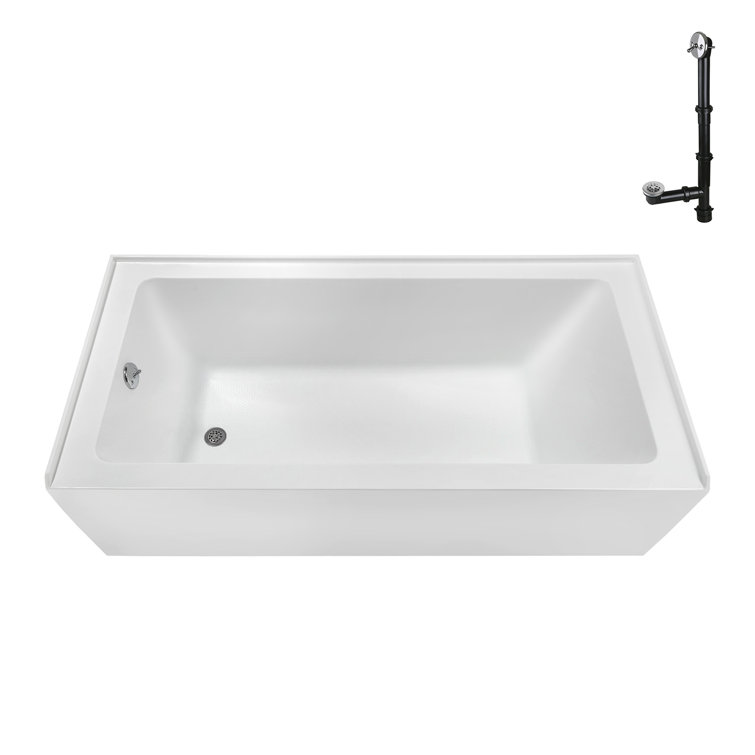 60-Inch Glossy White Acrylic Rectangular Alcove Bathtub with Polished Chrome Drain