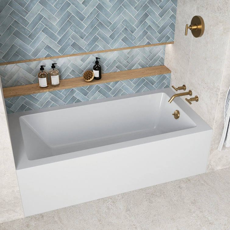 Glossy White Acrylic Alcove Bathtub with Brushed Gold Trim