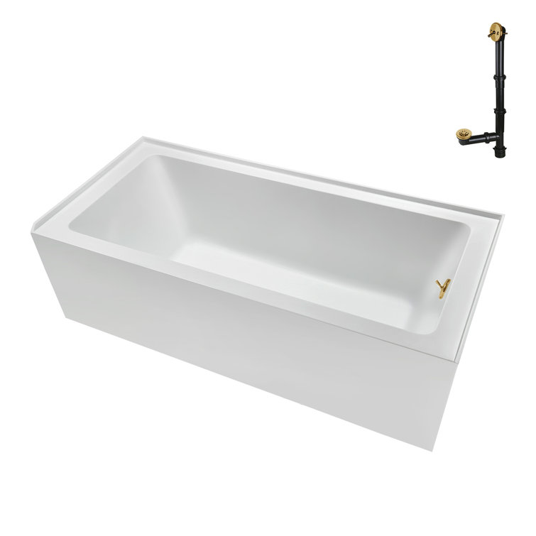 Glossy White Acrylic Alcove Bathtub with Brushed Gold Trim