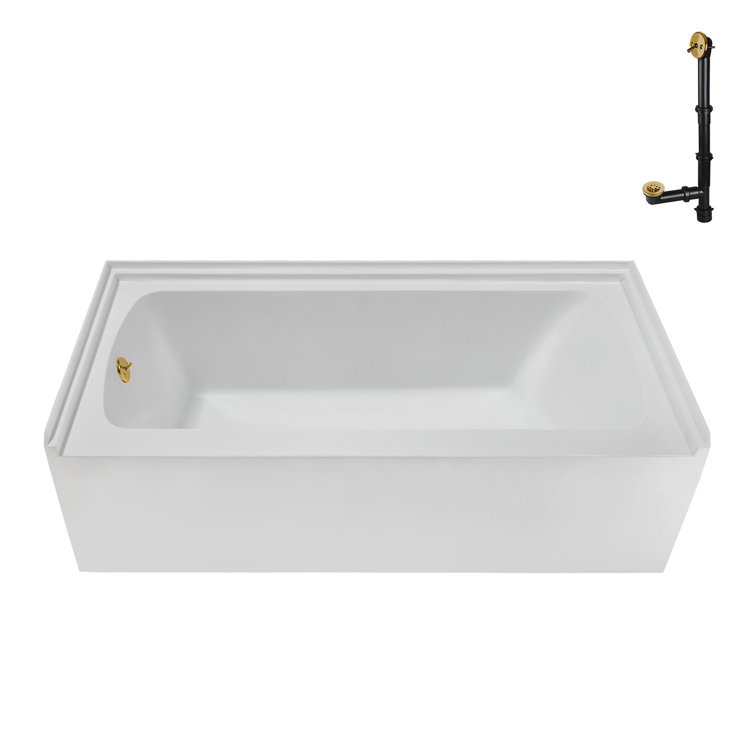 Glossy White Acrylic Alcove Bathtub with Brushed Gold Trim