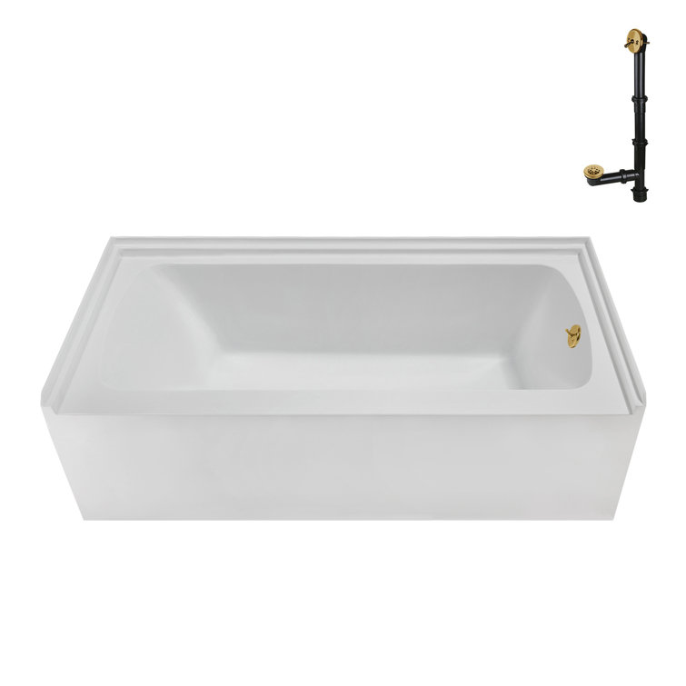 Glossy White Acrylic Alcove Bathtub with Brushed Gold Trim