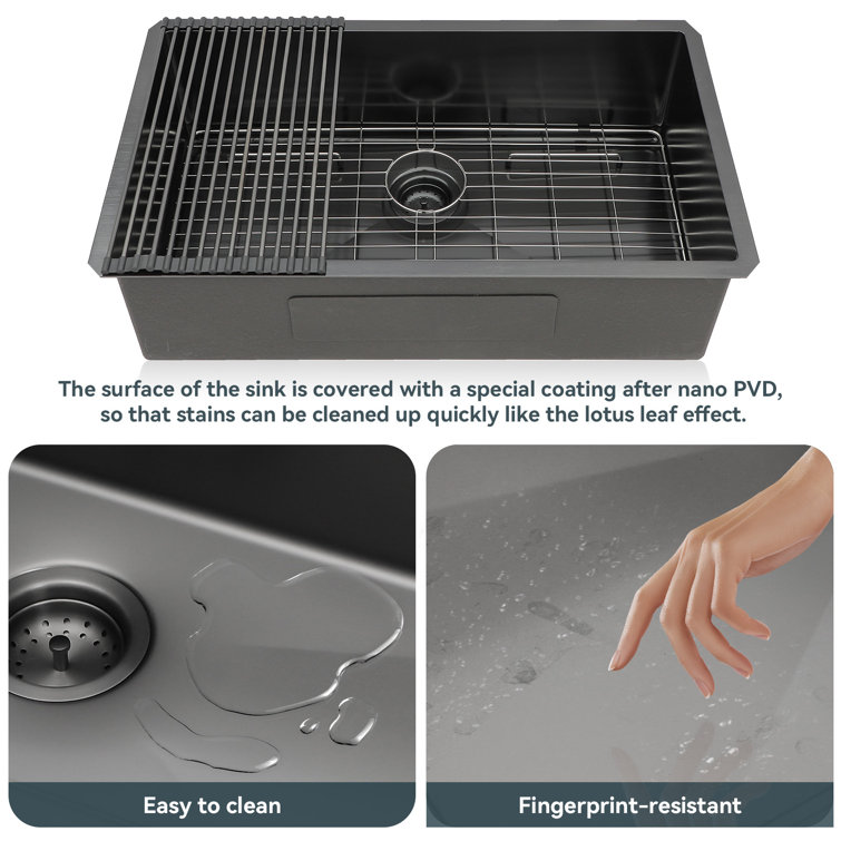 32" Gunmetal Black Stainless Steel Undermount Single Bowl Kitchen Sink