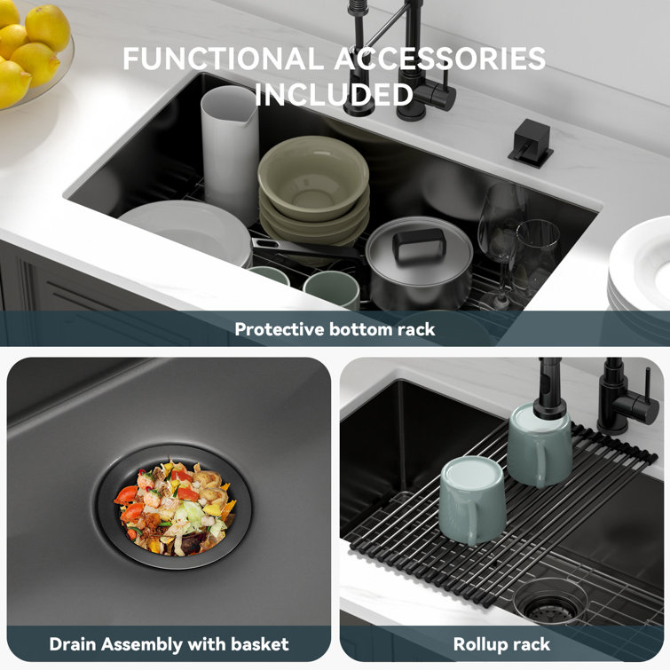 32" Gunmetal Black Stainless Steel Undermount Single Bowl Kitchen Sink
