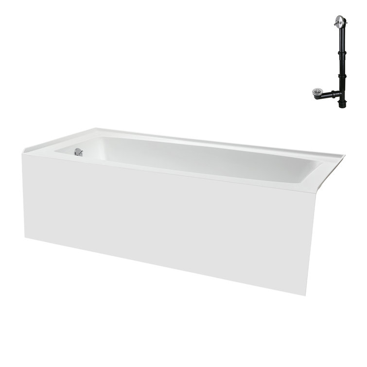 Glossy White Acrylic Rectangular Alcove Bathtub with Polished Chrome Drain