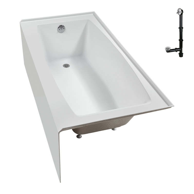 Glossy White Acrylic Rectangular Alcove Bathtub with Polished Chrome Drain
