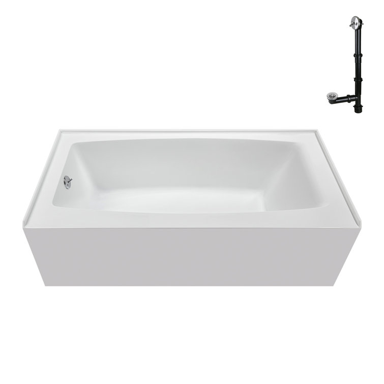 Glossy White Acrylic Rectangular Alcove Bathtub with Polished Chrome Drain