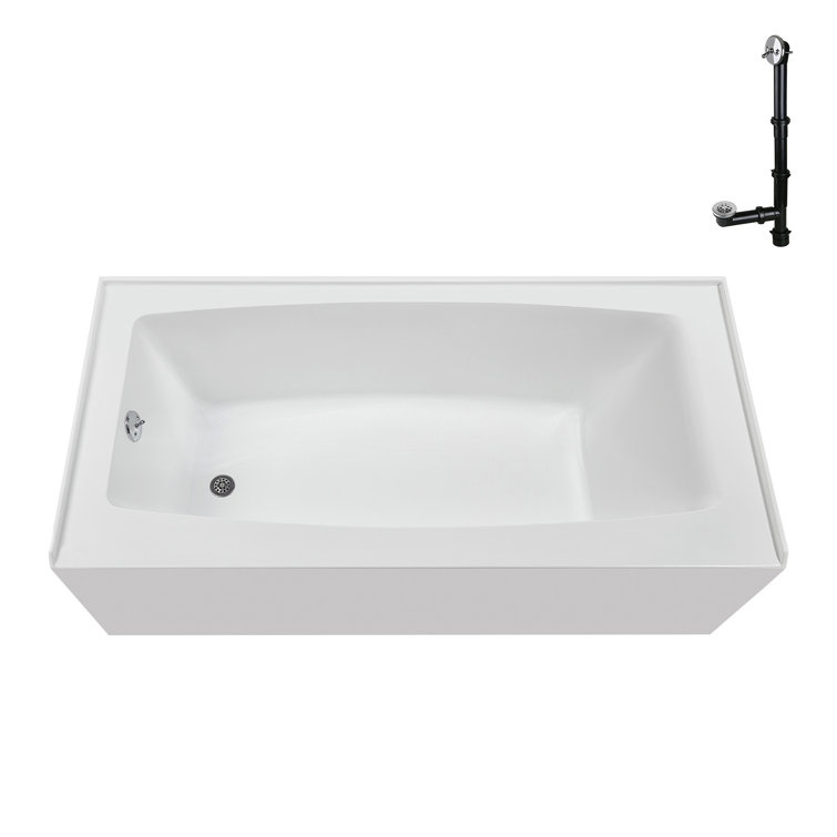 Glossy White Acrylic Rectangular Alcove Bathtub with Polished Chrome Drain