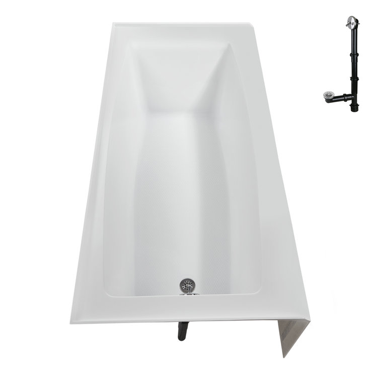 Glossy White Acrylic Rectangular Alcove Bathtub with Polished Chrome Drain