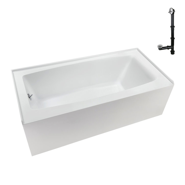 Glossy White Acrylic Rectangular Alcove Bathtub with Polished Chrome Drain