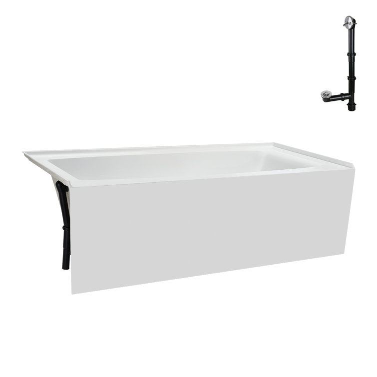 Glossy White Acrylic Rectangular Alcove Bathtub with Polished Chrome Drain