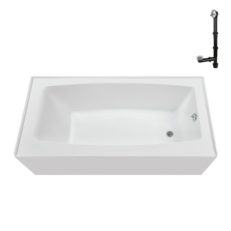 Glossy White Acrylic Right-Hand Drain Alcove Bathtub with Polished Chrome External Drain