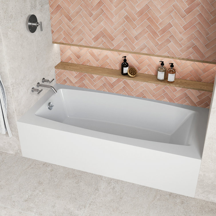 Glossy White Acrylic Rectangular Alcove Bathtub with Polished Chrome Drain