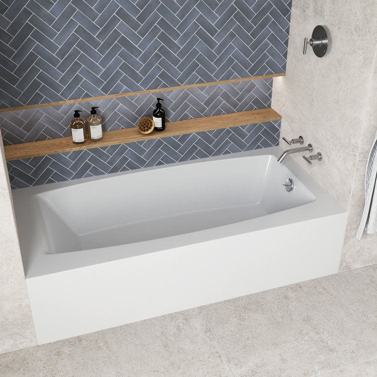 Glossy White Acrylic Right-Hand Drain Alcove Bathtub with Polished Chrome External Drain