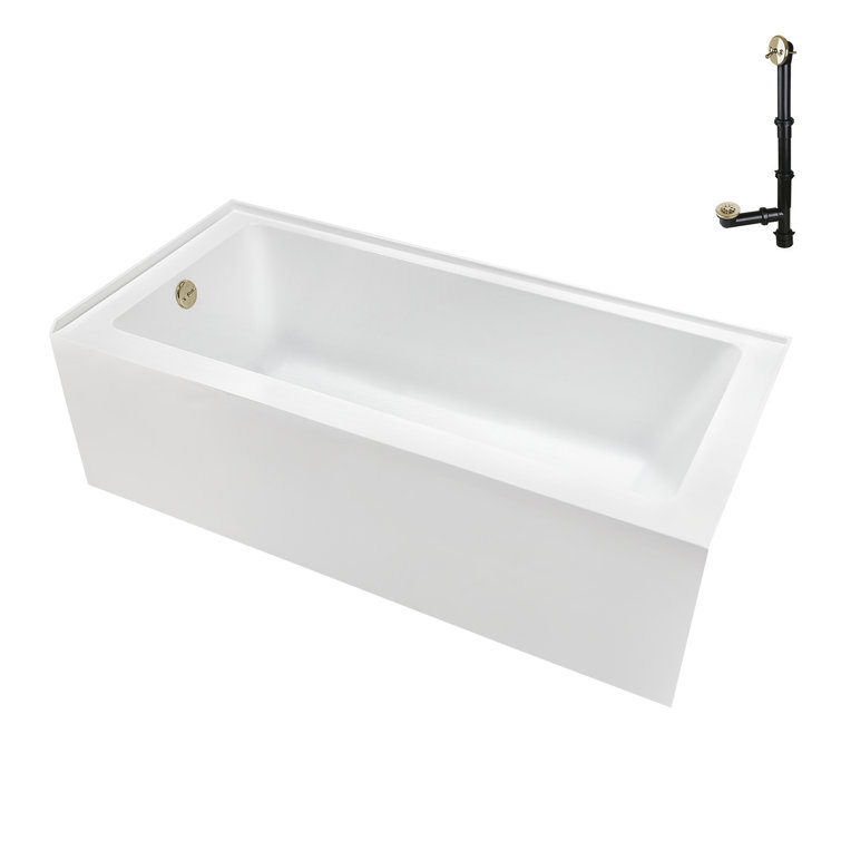 Glossy White Acrylic Alcove Bathtub with Polished Brass Drain