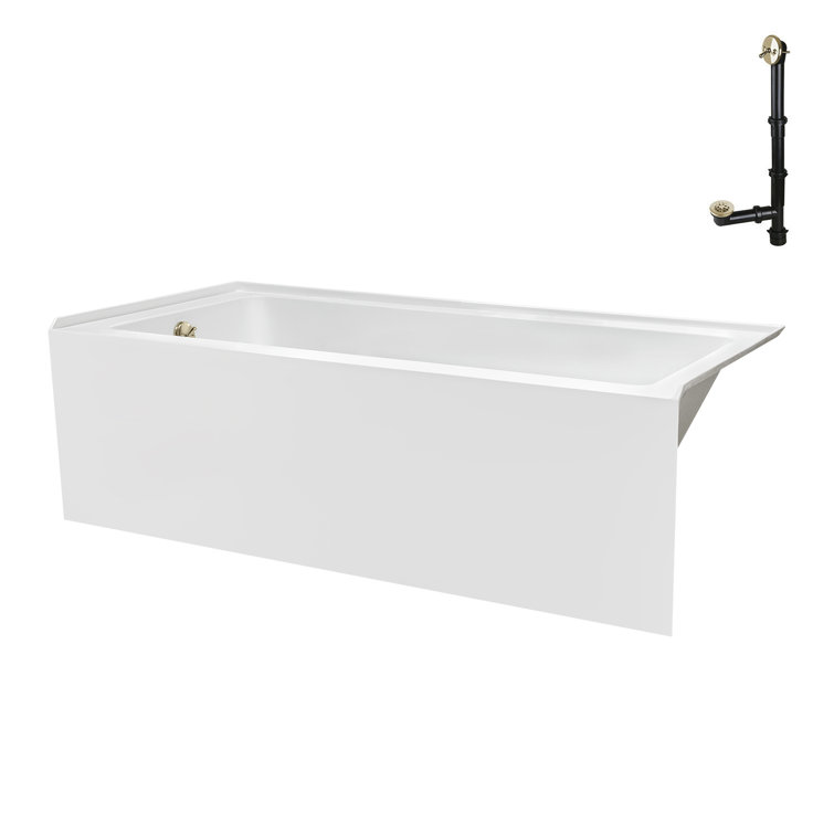 Glossy White Acrylic Alcove Bathtub with Polished Brass Drain