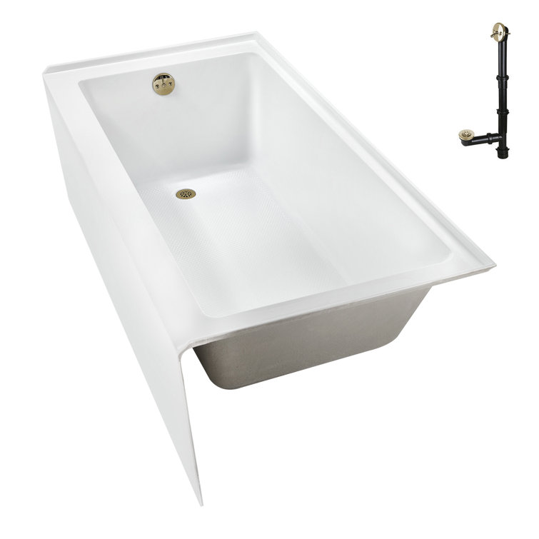 Glossy White Acrylic Alcove Bathtub with Polished Brass Drain