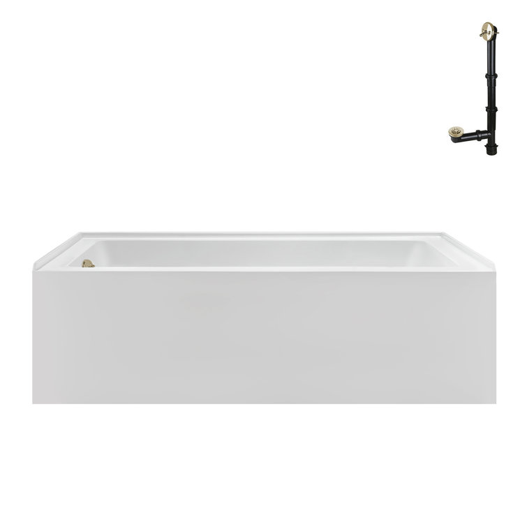 Glossy White Acrylic Alcove Bathtub with Polished Brass Drain
