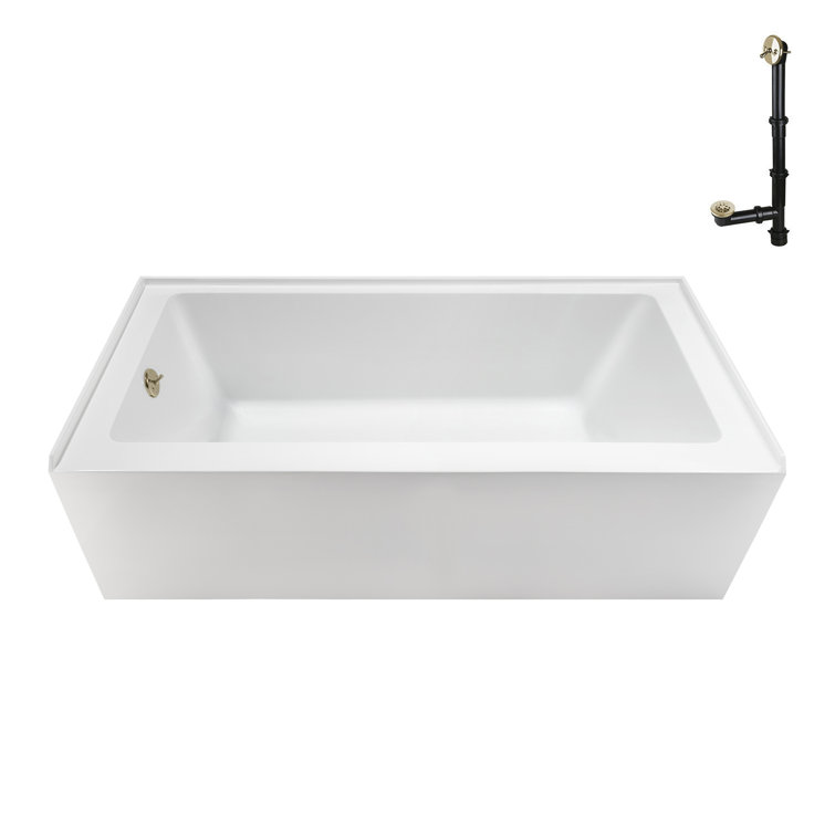 Glossy White Acrylic Alcove Bathtub with Polished Brass Drain