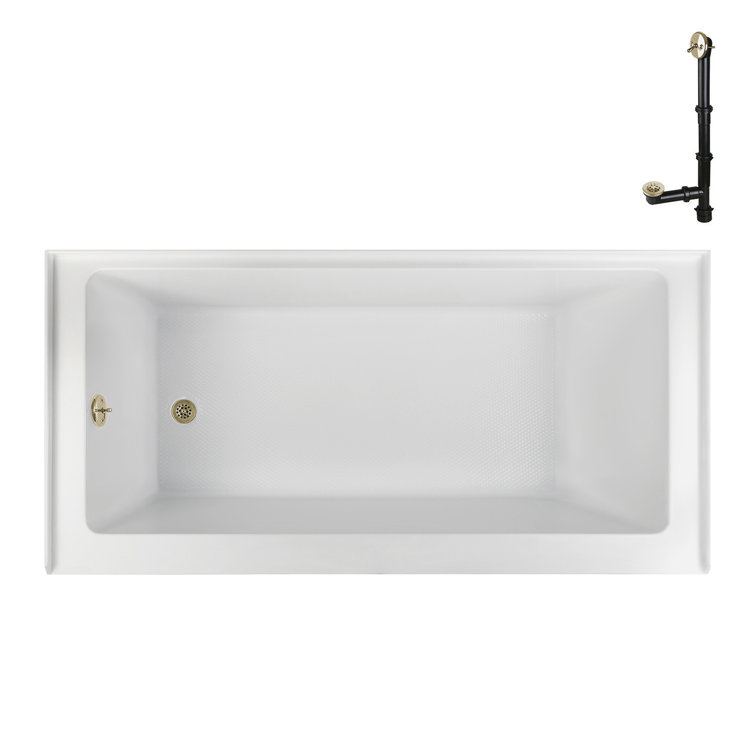 Glossy White Acrylic Alcove Bathtub with Polished Brass Drain