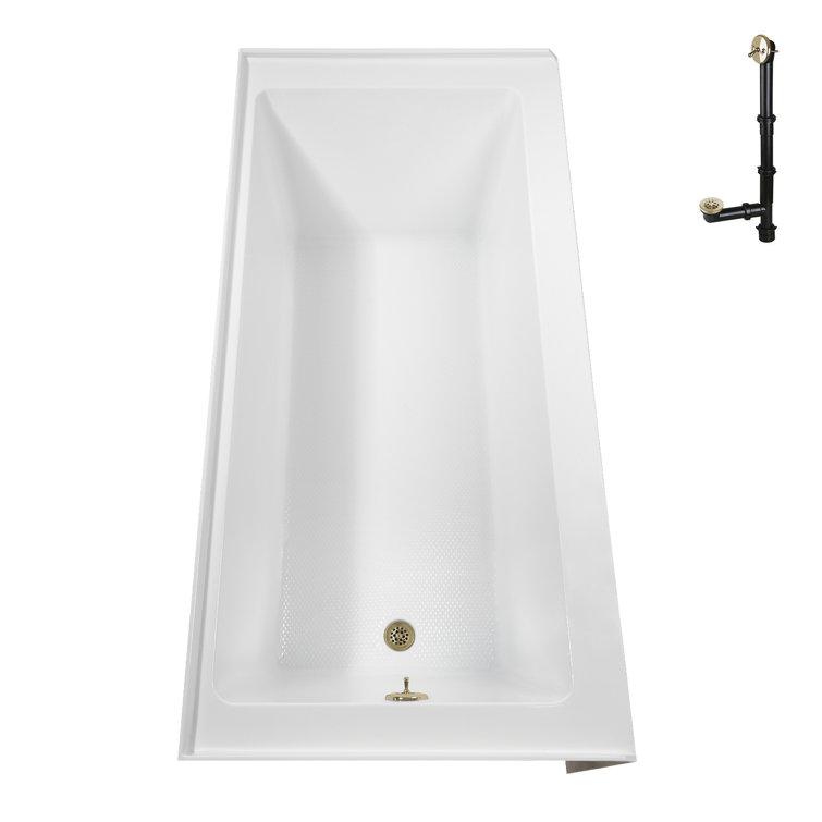 Glossy White Acrylic Alcove Bathtub with Polished Brass Drain