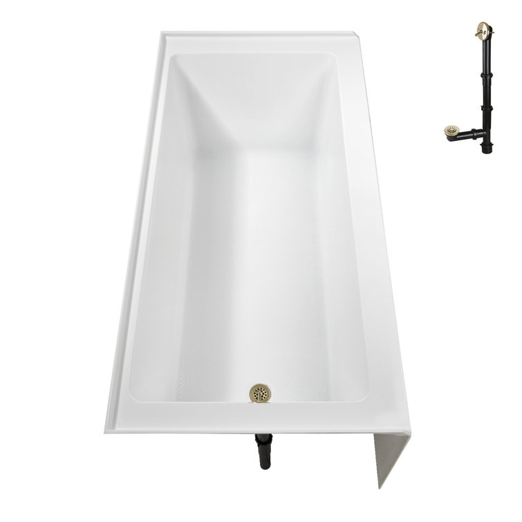 Glossy White Acrylic Alcove Bathtub with Polished Brass Drain