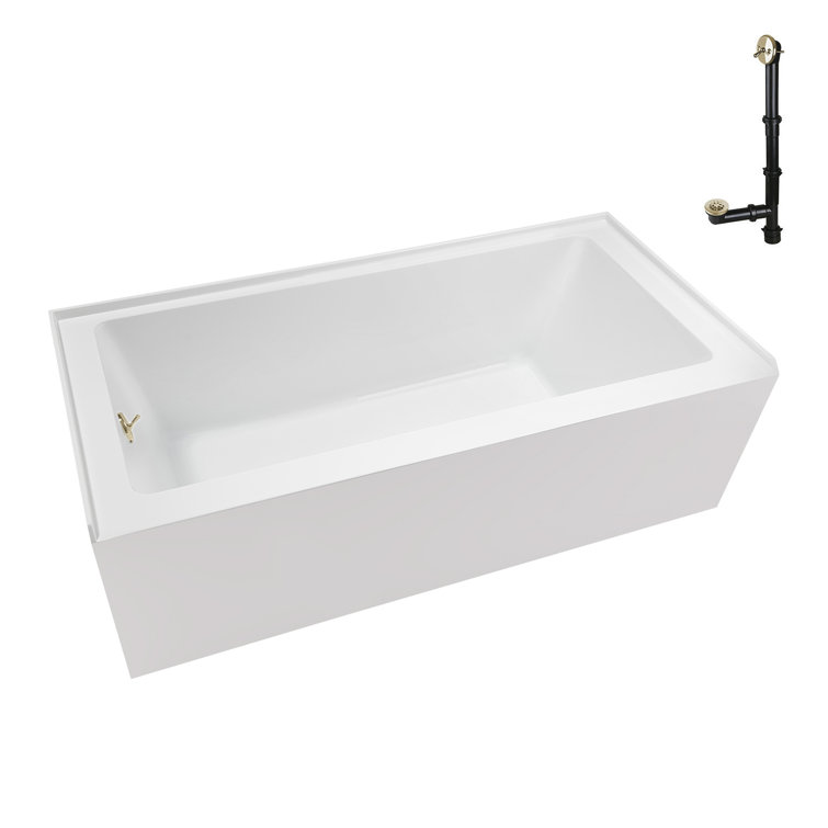 Glossy White Acrylic Alcove Bathtub with Polished Brass Drain