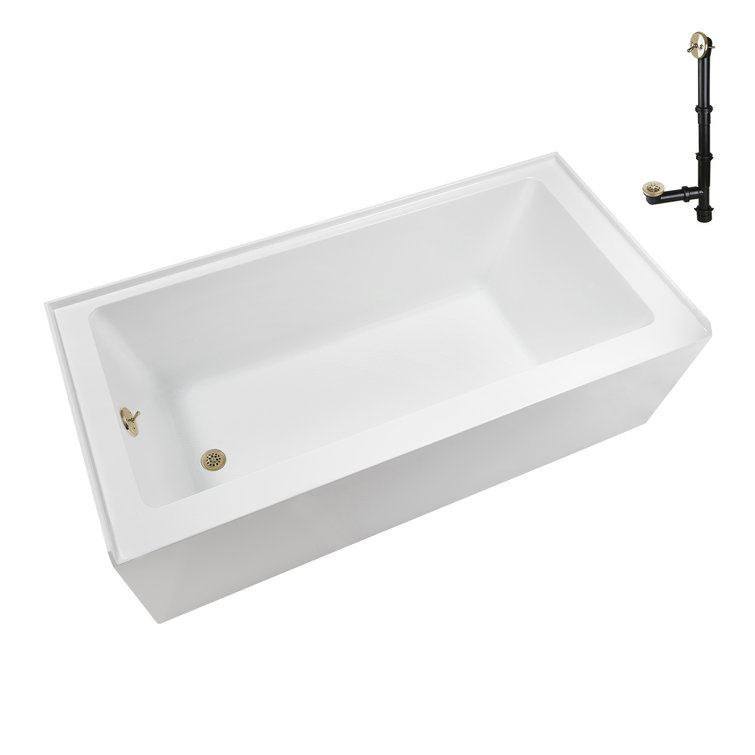 Glossy White Acrylic Alcove Bathtub with Polished Brass Drain