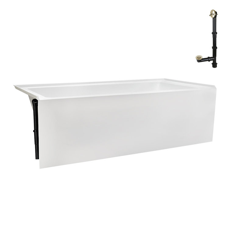 Glossy White Acrylic Alcove Bathtub with Polished Brass Drain