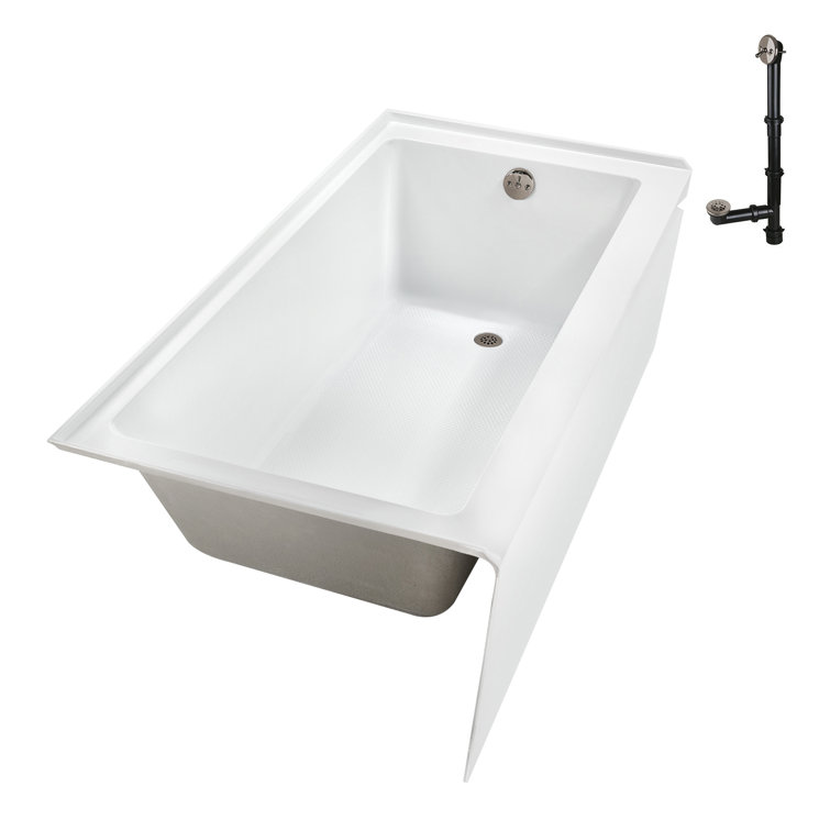 Glossy White Acrylic Right-Hand Drain Alcove Bathtub with Brushed Nickel External Drain