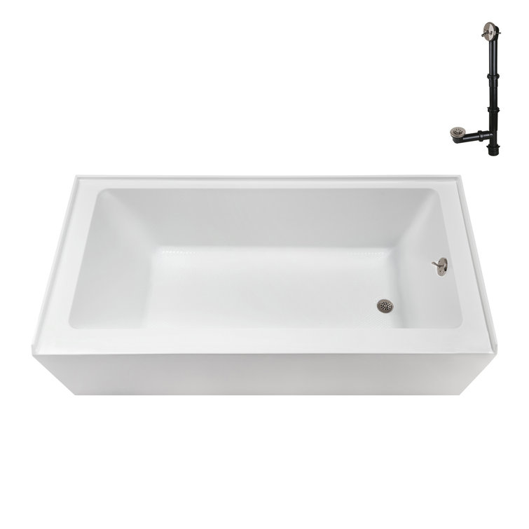 Glossy White Acrylic Right-Hand Drain Alcove Bathtub with Brushed Nickel External Drain