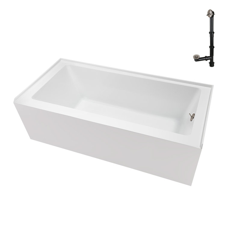 Glossy White Acrylic Right-Hand Drain Alcove Bathtub with Brushed Nickel External Drain