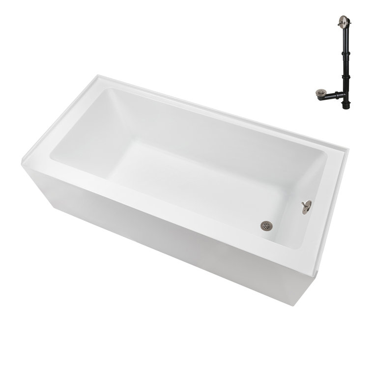 Glossy White Acrylic Right-Hand Drain Alcove Bathtub with Brushed Nickel External Drain