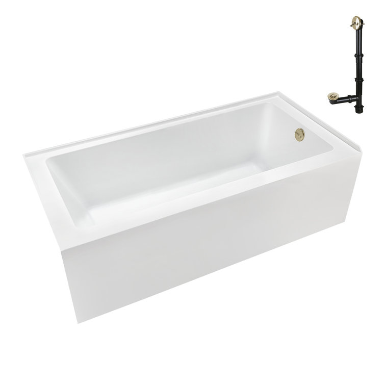 60-Inch Glossy White Acrylic Alcove Bathtub with Polished Brass Drain