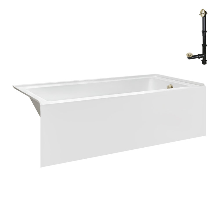 60-Inch Glossy White Acrylic Alcove Bathtub with Polished Brass Drain