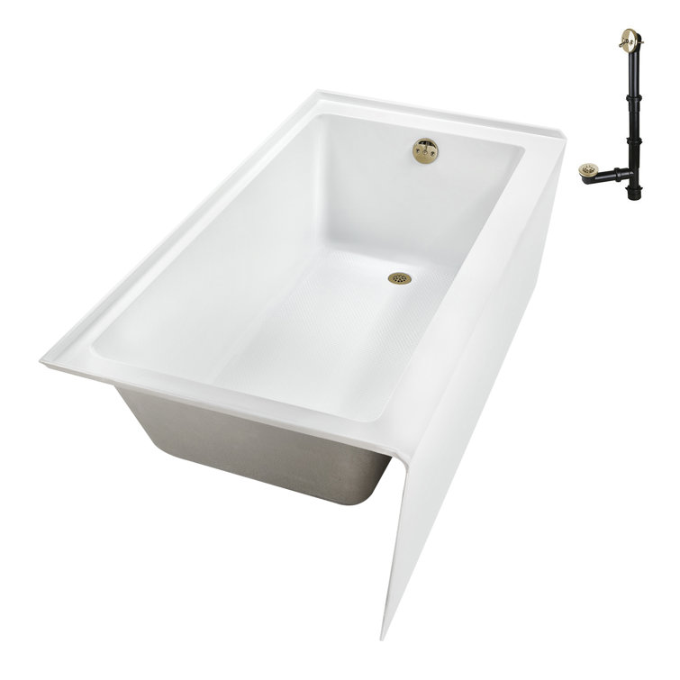 60-Inch Glossy White Acrylic Alcove Bathtub with Polished Brass Drain