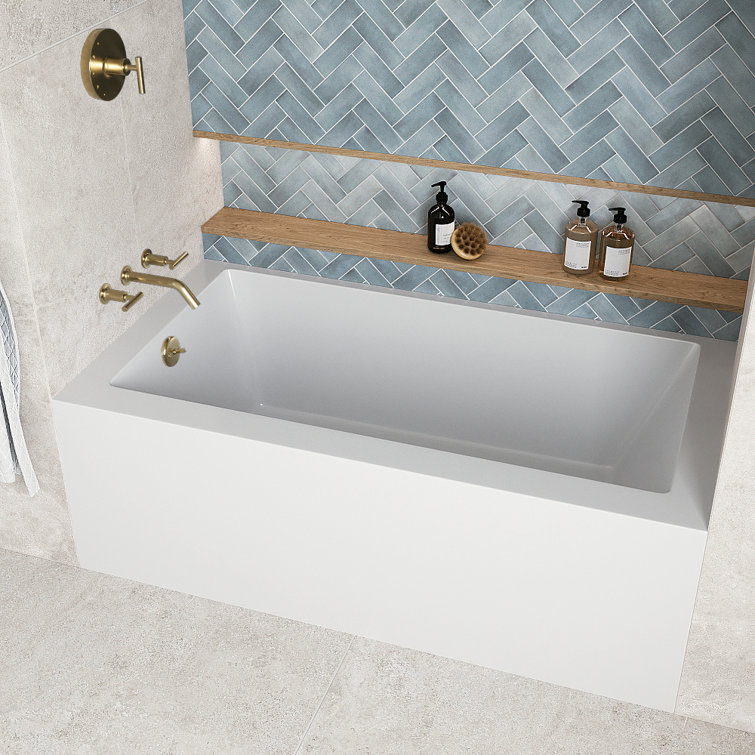 60-Inch Glossy White Acrylic Alcove Bathtub with Polished Brass Drain