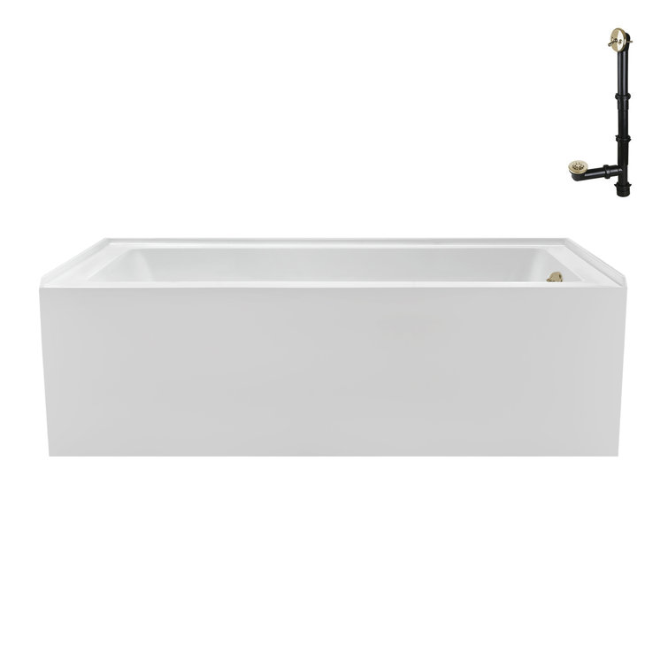 60-Inch Glossy White Acrylic Alcove Bathtub with Polished Brass Drain