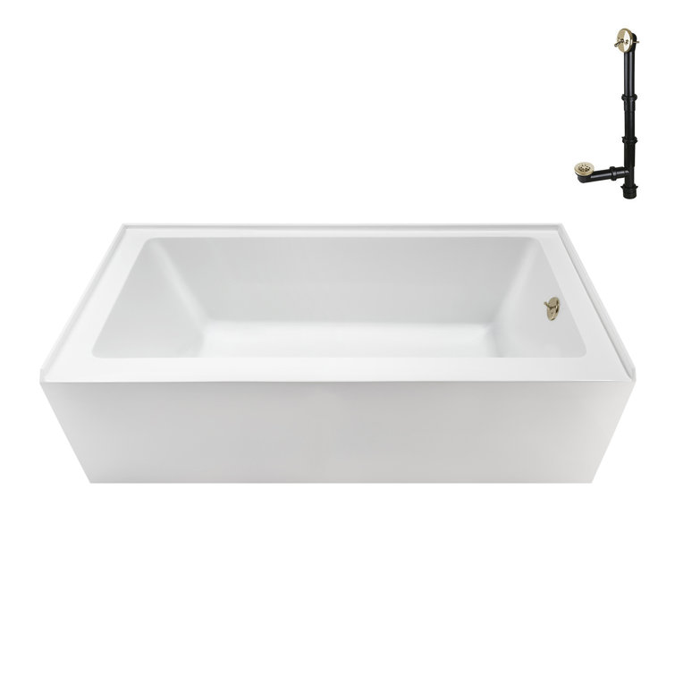 60-Inch Glossy White Acrylic Alcove Bathtub with Polished Brass Drain