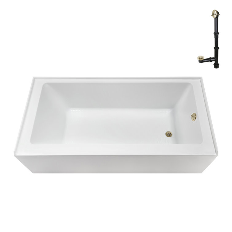 60-Inch Glossy White Acrylic Alcove Bathtub with Polished Brass Drain
