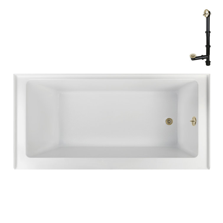 60-Inch Glossy White Acrylic Alcove Bathtub with Polished Brass Drain