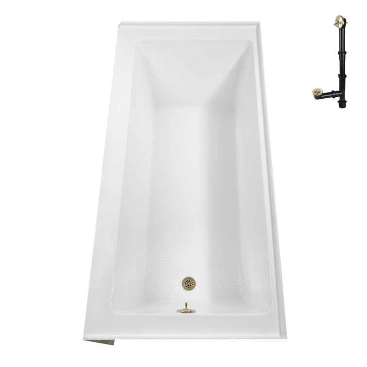 60-Inch Glossy White Acrylic Alcove Bathtub with Polished Brass Drain