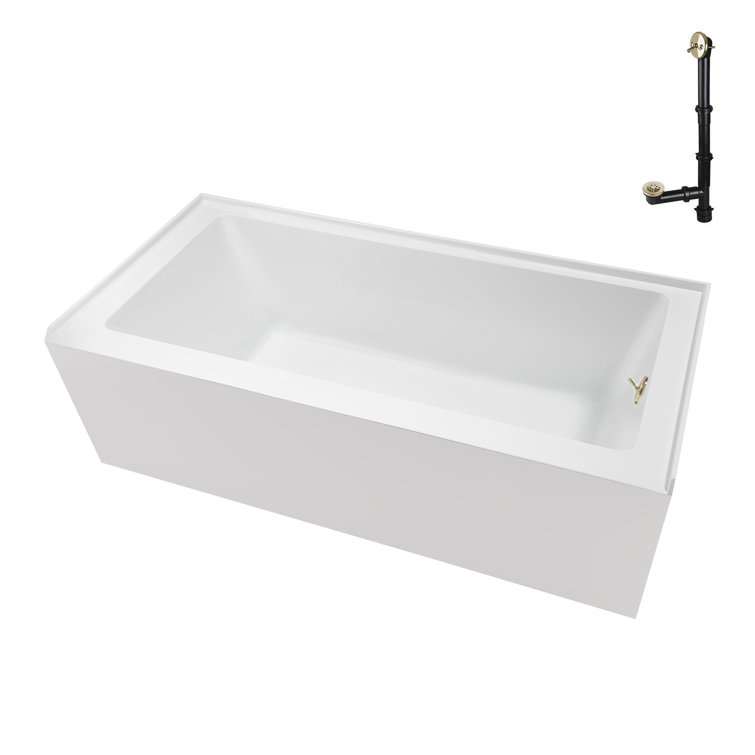 60-Inch Glossy White Acrylic Alcove Bathtub with Polished Brass Drain