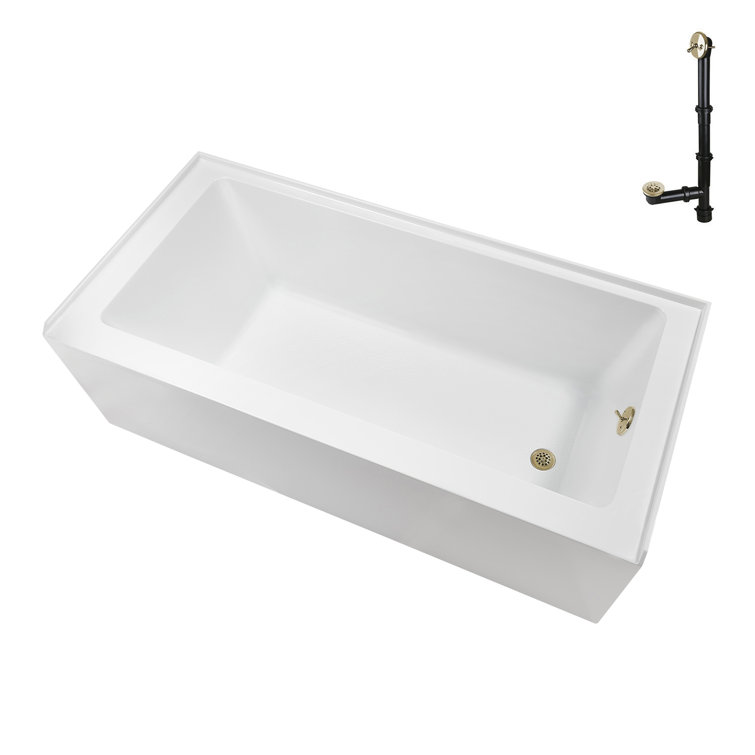 60-Inch Glossy White Acrylic Alcove Bathtub with Polished Brass Drain