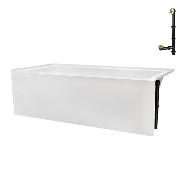 60-Inch Glossy White Acrylic Alcove Bathtub with Polished Brass Drain