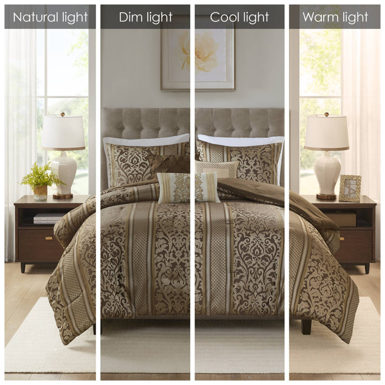 Full Brown Jacquard Microfiber Comforter Set with Throw Pillows