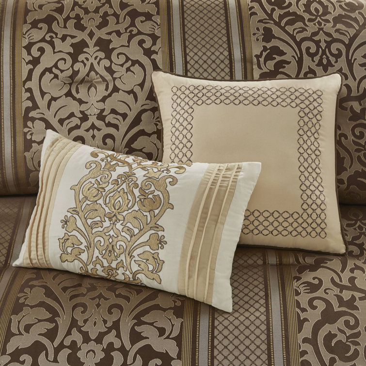 Full Brown Jacquard Microfiber Comforter Set with Throw Pillows