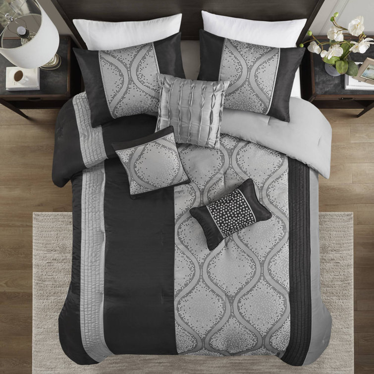 King Black and Silver Microfiber Jacquard Comforter Set